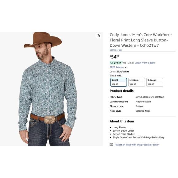 Cody James Men's Core Workforce Floral Print Long Sleeve Button-Down Western XL - Picture 2 of 6